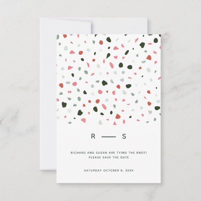 Minimal Modern Terrazzo Mönster Grön Rosa Bröllop Spara Datumet (Framsida)