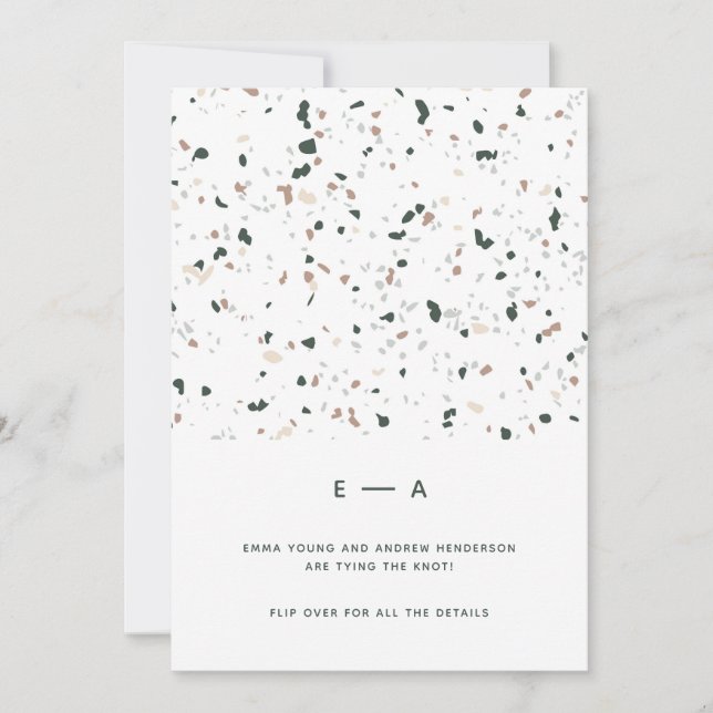 Minimal Modern Terrazzo Mönster Grönt Rosa Bröllop Inbjudningar (Framsida)