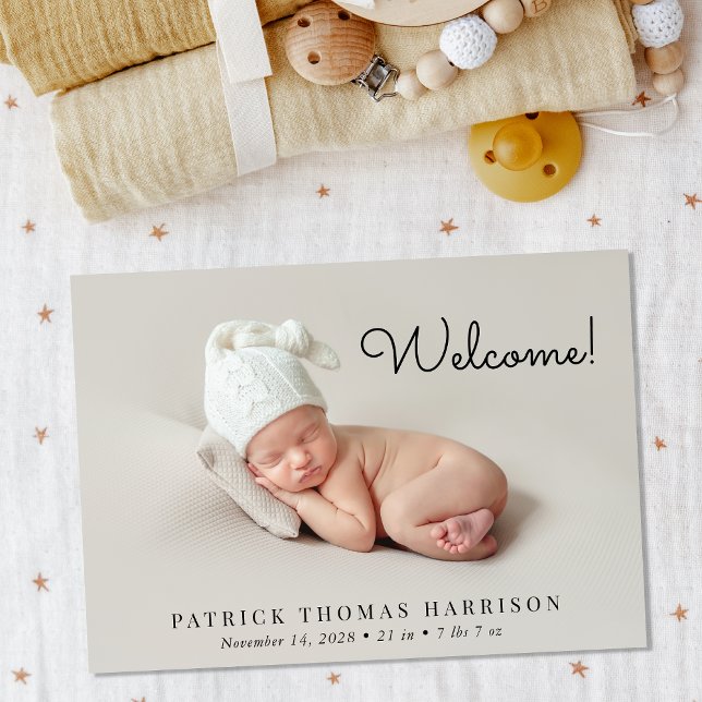 Minimal Modern Välkomstfotofödelse Meddelande (Announce the arrival of your baby with this cute minimal modern birth announcement)