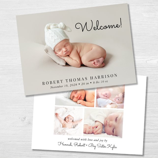 Minimal modern välkomstsida 5 fotofödelse meddelande (A beautiful and unique way to thank family and friends and introduce them to your precious baby)