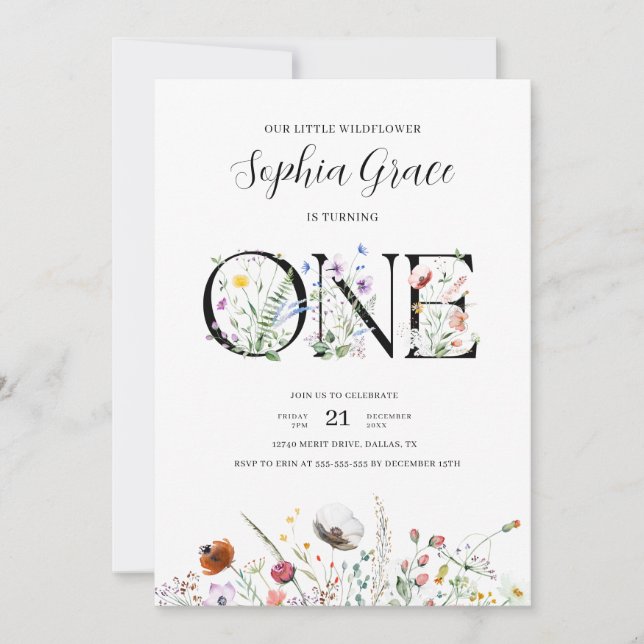 Minimal modern vildblomma 1:a födelsedag inbjudningar (Framsida)