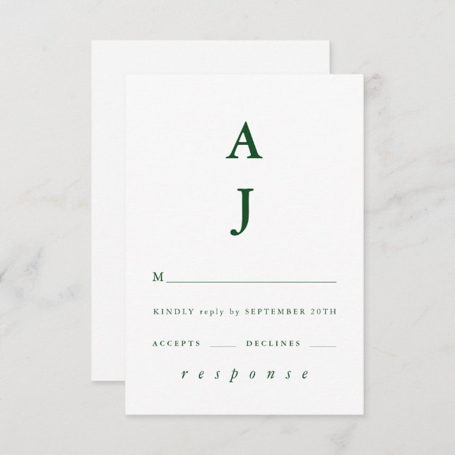 Minimal Monogram Emerald Grönt Bröllop OSA Kort (Fram/baksida)