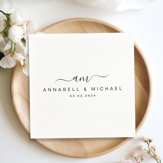 Minimal, Monogram, Handskriftsteckensnitt, Bröllop Pappersservett (Minimal, monogram, handwriting font, white, wedding napkin. Personalized with your name and date.)