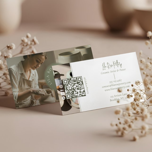 Minimal Monogram Hantgjord Keramik Foto Collage Visitkort (Minimal Monogram Hand Made Pottery Photo Collage Business Card)