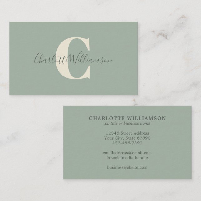 Minimal Monogram Initial Ljusgrön Elegant Script Visitkort (Fram/baksida)