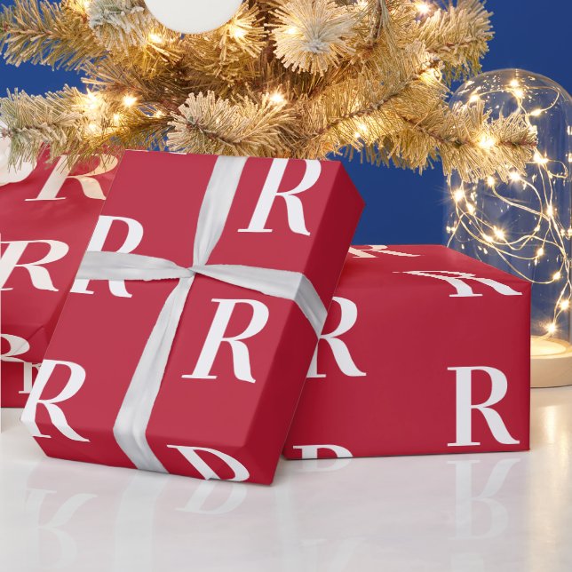 Minimal Monogram Modern Red Christmas Presentpapper (Helgdagar)