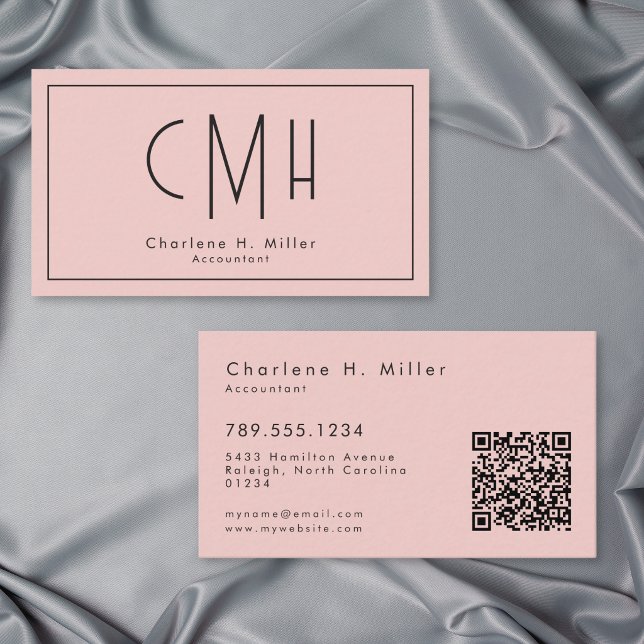 Minimal Monogram Modern Rosabränd QR Professionell Visitkort (Minimal Monogram Modern Blush Pink QR Professional Business Card)
