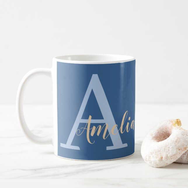 Minimal Monogram Namn Blue Kaffemugg (Med munk)