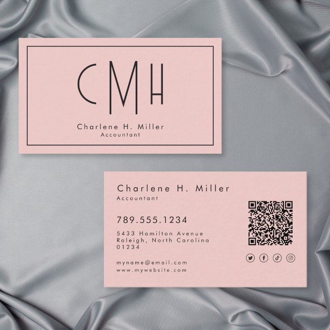Minimal Monogram Rosabruten Modern QR Professionel Visitkort (Minimal Monogram Blush Pink Modern QR Professional Business Card)