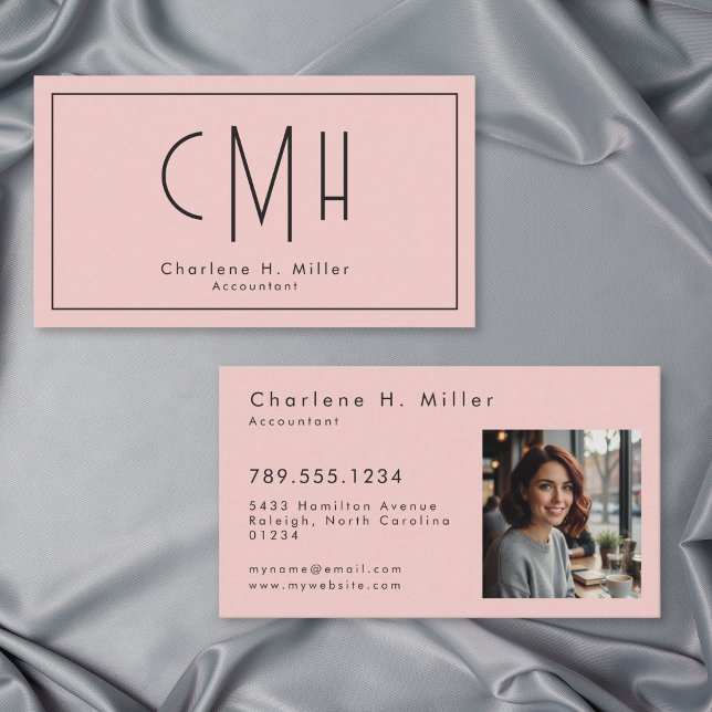 Minimal Monogram Rosé Modern Foto Professionell Visitkort (Minimal Monogram Blush Modern Photo Professional Business Card)