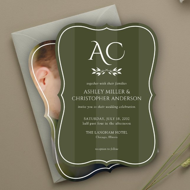 Minimal monogram stripe-Oliv grönt foto Bröllop Inbjudningar (Skapare uppladdad)