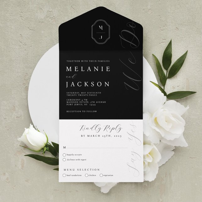 Minimal Monogram-Vapensköld för svartvit Personlig (Minimal Black & White Personalized Monogram Crest All In One Invitation)