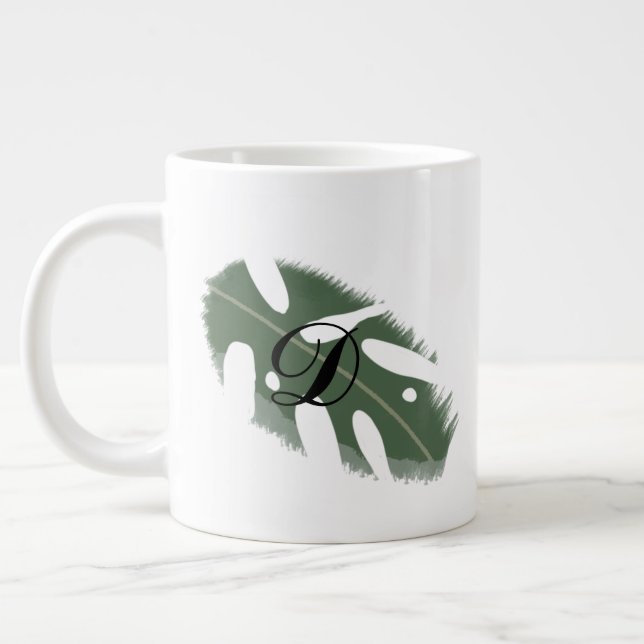 Minimal Monstera-blad Grön monogram Jumbo Mugg (Vänster)