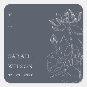 Minimal Mörk Navy Waterlily Blommigt Sketch Bröllo Fyrkantigt Klistermärke