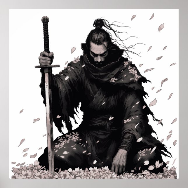 Minimal Mörk Samurajkrigare med Sakura Kronblad Ja Poster (Framsidan)
