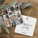 Minimal multifoto Collage Family Namn Monogram Julgransprydnad Keramik<br><div class="desc">Minimal och modern,  enkel familjefältsortering av fotogalleri bevarar fotoornament. Utformningen har en enkel minimal design med en åtta kvadraters fotokollage som visningar dina speciella familjefotografier. Den omvända sidan är personlig med familjen namn,  monogram och år.</div>