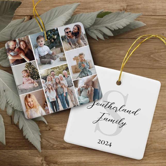 Minimal multifoto Collage Family Namn Monogram Julgransprydnad Keramik (Minimal Multi Photo Collage Family Name Monogram Ceramic Ornament)