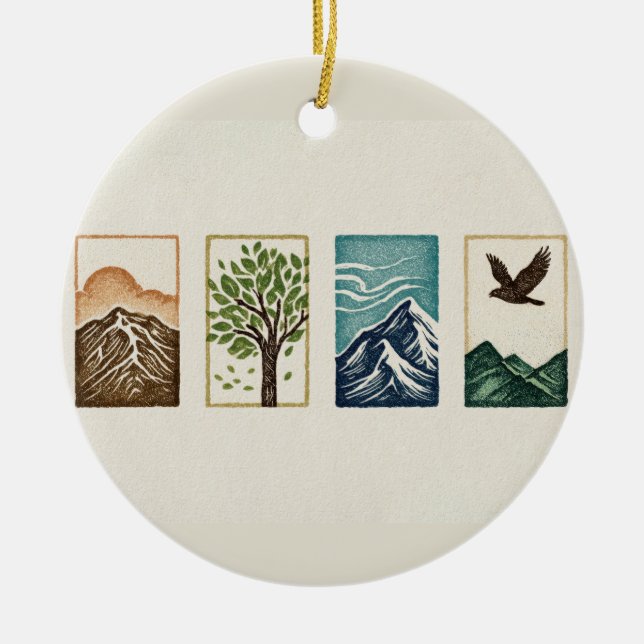 Minimal Nature Set – Mountain & Tree Art Julgransprydnad Keramik (Framsidan)