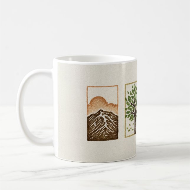 Minimal Naturuppsättning – Berg & Träd Konst Kaffemugg (Vänster)