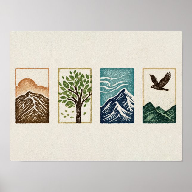 Minimal Naturuppsättning – Berg & Träd Konst Poster (Framsidan)