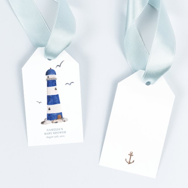 Minimal Nautical Lighthouse Baby Shower Ahoy Boy Presentetikett (Skapare uppladdad)