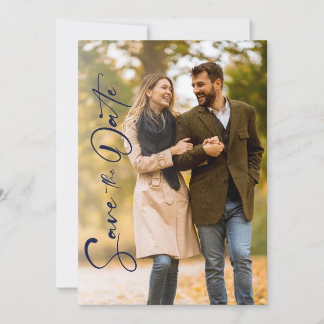 Minimal Navy Foto Bröllop Save The Date-kort Spara Datumet (Framsida)