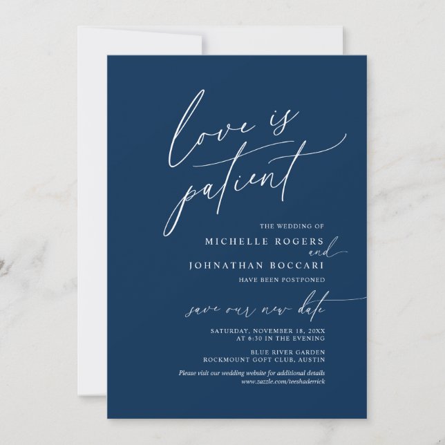 Minimal Navy, Kärlek i patient, bröllop uppskjutet Inbjudningar (Framsida)