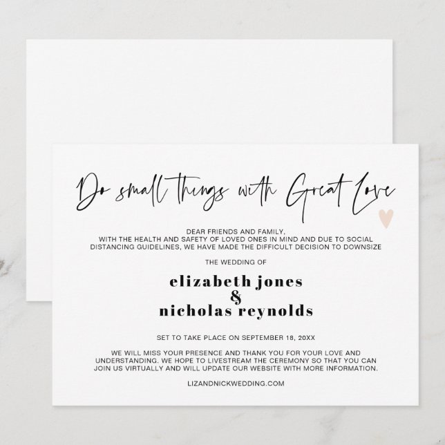 Minimal nertrimmat mikrobröllopsannons meddelande (Fram/baksida)