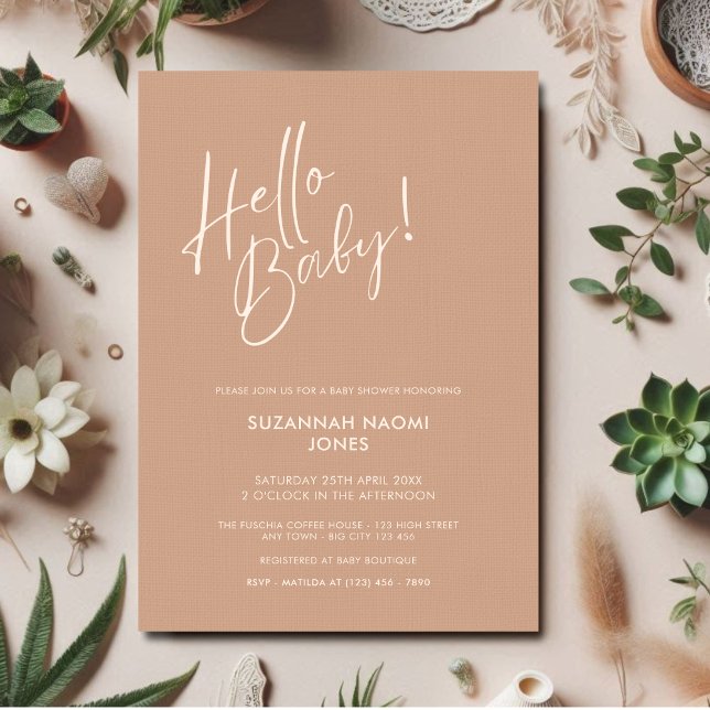 Minimal Neutral Modern Baby Shower Invitation Inbjudningar (Minimalist Gender Neutral Baby Shower Invitation in natural earth tone with linen texture. )
