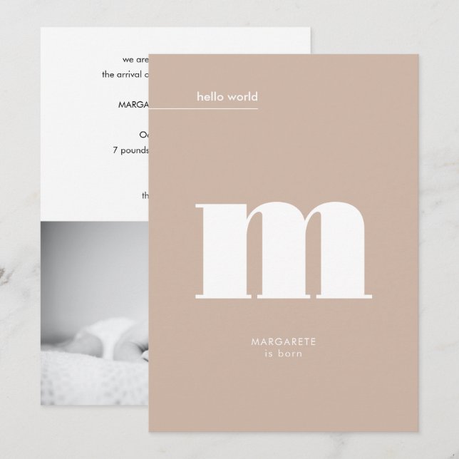 Minimal Neutralt Beige Monogram Photo Baby Meddelande (Fram/baksida)
