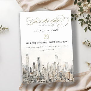 Minimal New York City Skyline Watercolor Bröllop Spara Datumet