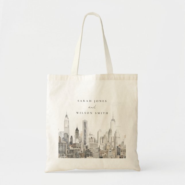 Minimal New York City Skyline Watercolor Bröllop Tygkasse (Framsidan)