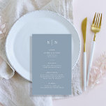 Minimal och Chic | Dusty Blue and White Menu Flygblad<br><div class="desc">Den här eleganten,  de moderna menykorten i bröllop eller menykorten för repetitionsmiddagar har en enkel dammig blå och vit textdesign som utesluter minimalistiskt stil. Lägg till initialer eller monogram för att göra dem helt egna.</div>