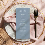 Minimal och Chic | Dusty Blue och White Bröllop Meny<br><div class="desc">Den här eleganten,  de moderna menykorten i bröllop eller menykorten för repetitionsmiddagar har en enkel dammig blå och vit textdesign som utesluter minimalistiskt stil. Lägg till initialer eller monogram för att göra dem helt egna.</div>