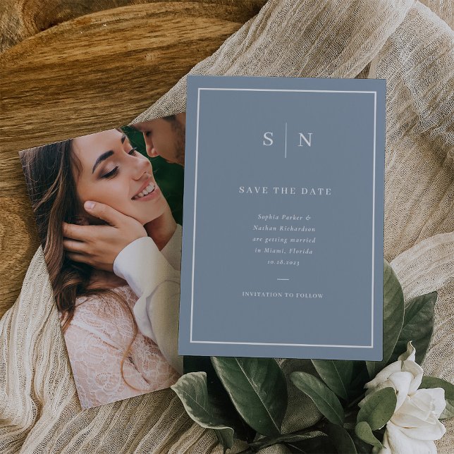 Minimal och Chic | Dusty Blue och White med Photo Spara Datumet (Skapare uppladdad)