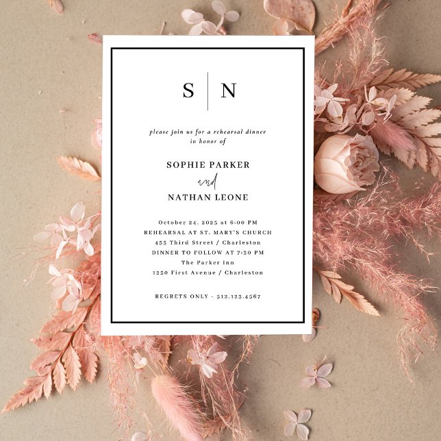 Minimal och Chic | Elegant Repetitionsmiddag Inbjudningar (This modern and chic, black and white wedding rehearsal dinner invitation features your monogram)