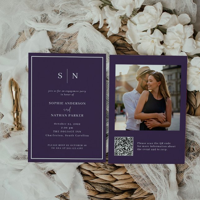 Minimal och Chic | Förlovningsfest QR-kodfoto Inbjudningar (A colorful and modern engagement party invitation in dark purple!)