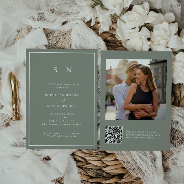 Minimal och Chic | Förlovningsfest QR-kodfoto Inbjudningar (A dreamy engagement party invite in trendy sage green)