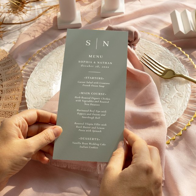 Minimal och Chic | Försäljning Grönt Bröllop Meny (A classic sage green menu for your elegant wedding.)