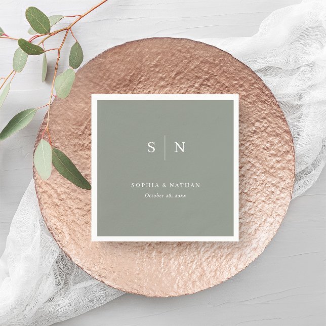 Minimal och Chic | Försäljning Grönt Bröllop Pappersservett (An elegant, stylish wedding napkin in sage green and featuring your monogram)