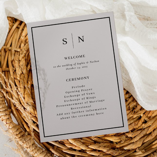 Minimal och Chic Grått med Svarta Gräns Bröllop Program (A minimal and chic wedding program in soft gray and black, with your monogram)
