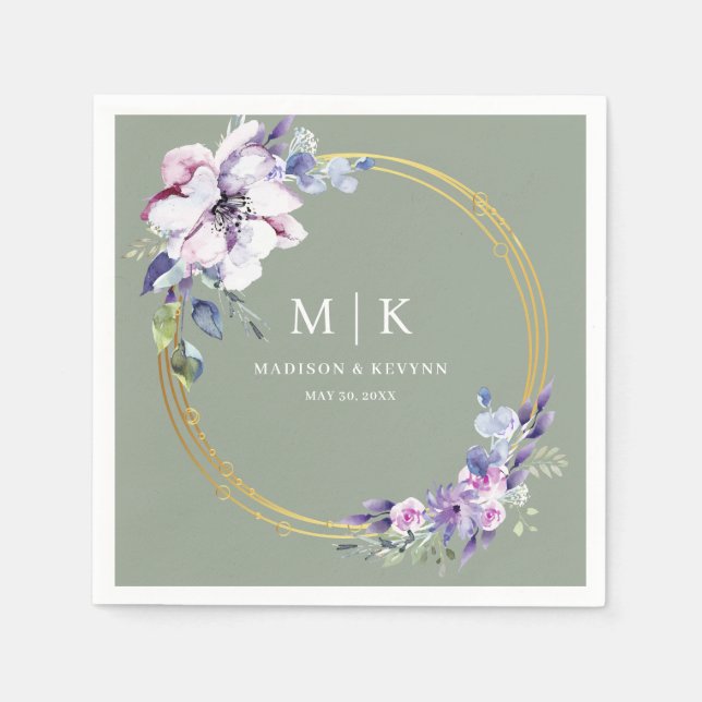 Minimal och Chic Lila Guld Sage Grönt | Bröllop Pappersservett (Framsidan)
