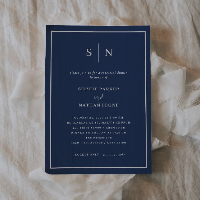 Minimal och Chic marin blå | Upprepningsmiddag Inbjudningar (An elegant navy blue choice for your wedding rehearsal dinner invitations)