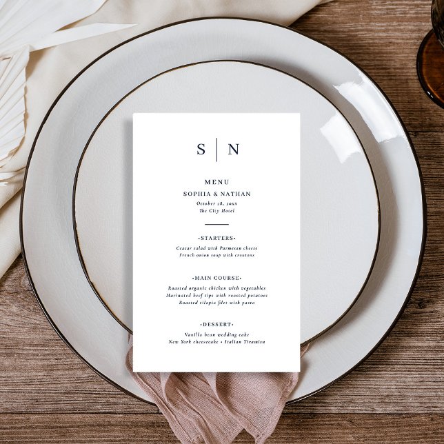 Minimal och Chic | Menu för vit och marin Bröllop Flygblad (A modern and minimalist wedding menu, with dark navy blue text on white)