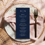Minimal och Chic | Mörk Navy Blue Bröllop Meny<br><div class="desc">Den här eleganten,  de moderna menykorten i bröllop eller menykorten för repetitionsmiddagar har en enkel marin blå och vit textdesign som utesluter minimalistiskt stil. Lägg till initialer eller monogram för att göra dem helt egna.</div>