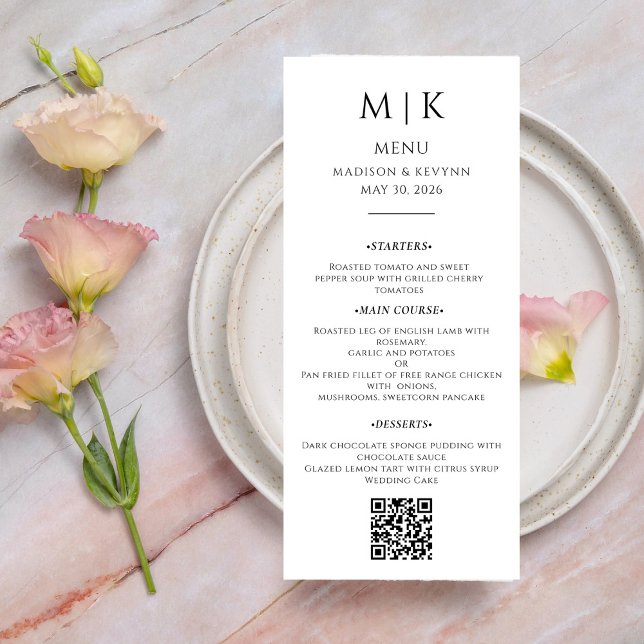 Minimal och Chic | QR-kod för Svartvit Bröllop Meny (Skapare uppladdad)