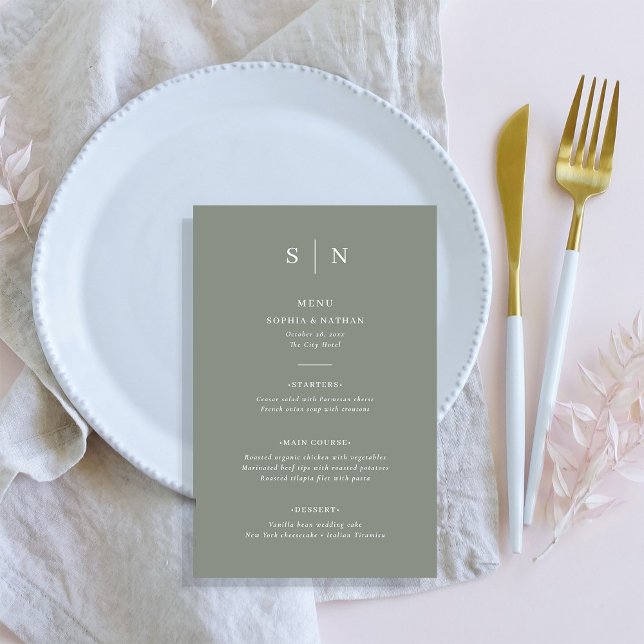 Minimal och Chic | Sage Grönt Bröllop Menu Flygblad (A chic, elegant sage green wedding menu)