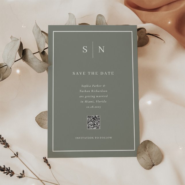 Minimal och Chic Sage Grönt QR-kod Spara datum Magnetisk Inbjudningskort (A sage green magnetic save the date card, with scannable QR code)