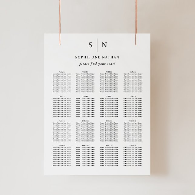 Minimal och Chic | Sätesdiagram för Bröllop Poster (A simple and modern wedding seating chart in black and white)