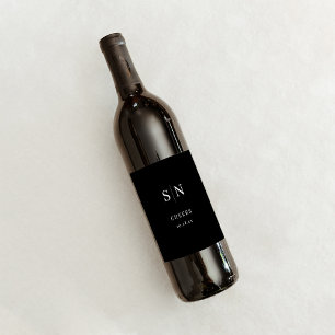 Minimal och Chic Svart Bröllop Monogram Cheers Vinflaska Etikett